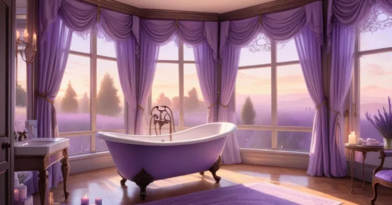 purple shower curtain and matching rugs