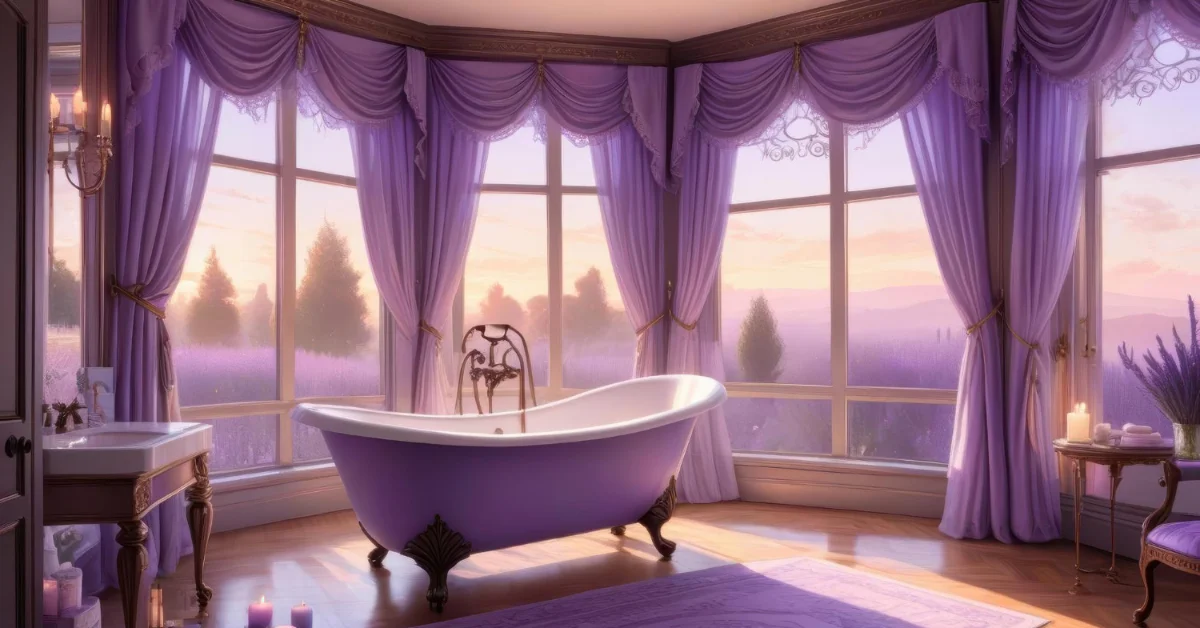purple shower curtain and matching rugs
