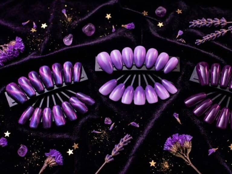 Best purple nails of 2026 — top three picks
showing purple cat eye nails, purple ombre nails
and dark purple nails press-on sets on
black velvet surface
