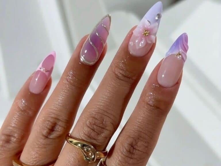 LPOODDNU light purple nails
almond shape with 3D embossed
flowers and pearl nail art design