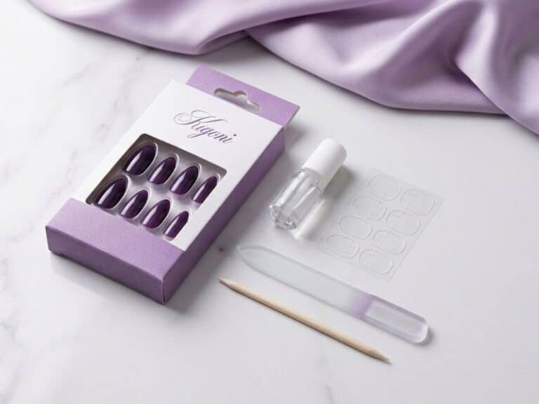 Purple nail care essentials for choosing the
best nail designs for purple nails including
press-on set, nail glue, file and tools
on marble surface