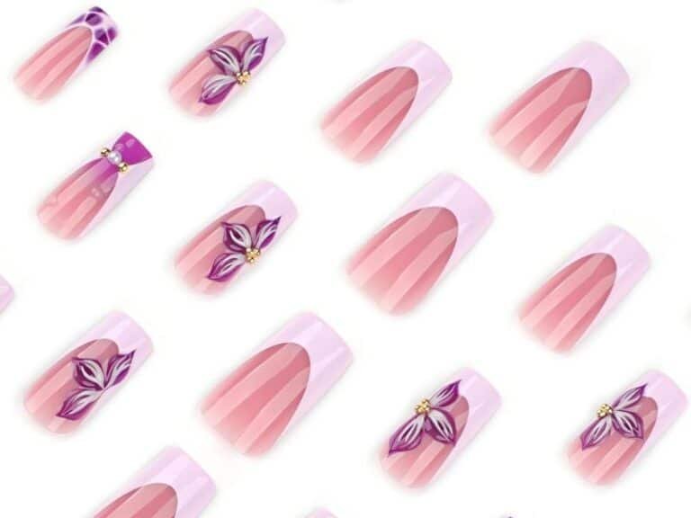 CTTHNBD square press-on nails
with purple french tip and
delicate flower nail design